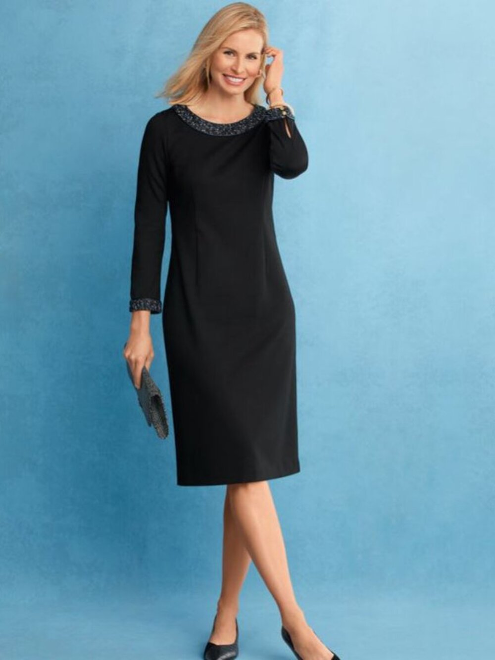 Talbots 12 Black Refined Luxe Ponte Sheath Dress Tweed Trim Cocktail LBD Career